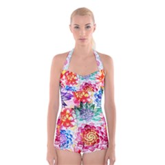 Colorful Succulents Boyleg Halter Swimsuit 