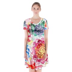 Colorful Succulents Short Sleeve V-neck Flare Dress