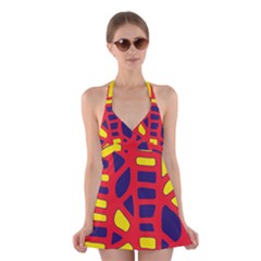 Red, Yellow And Blue Decor Halter Swimsuit Dress