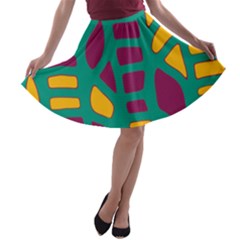 Green, Purple And Yellow Decor A-line Skater Skirt