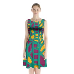 Green, Purple And Yellow Decor Sleeveless Chiffon Waist Tie Dress