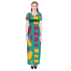 Green, Purple And Yellow Decor Short Sleeve Maxi Dress