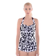 Black And White Abstract Chaos Boyleg Halter Swimsuit 