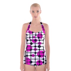 Magenta Circles Boyleg Halter Swimsuit 