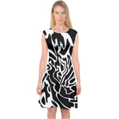 Black And White Decor Capsleeve Midi Dress