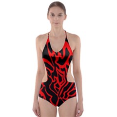 Red And Black Decor Cut-out One Piece Swimsuit