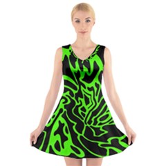 Green And Black V-neck Sleeveless Skater Dress