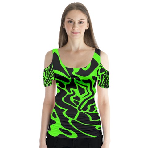 Green And Black Butterfly Sleeve Cutout Tee  by Valentinaart