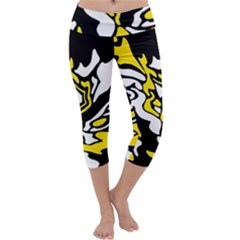 Yellow, Black And White Decor Capri Yoga Leggings