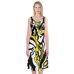 Yellow, Black And White Decor Midi Sleeveless Dress