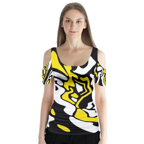 Yellow, Black And White Decor Butterfly Sleeve Cutout Tee  by Valentinaart