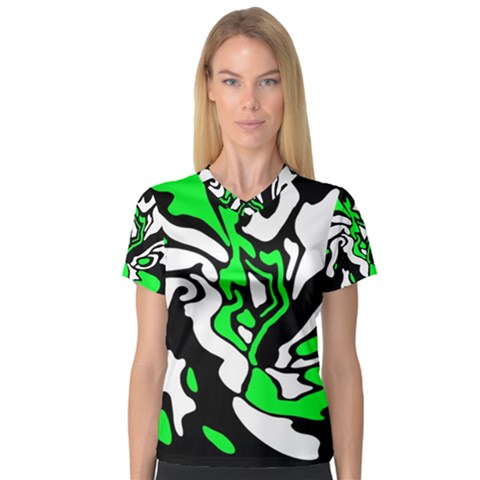 Green, White And Black Decor Women s V-neck Sport Mesh Tee by Valentinaart