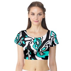 Cyan, Black And White Decor Short Sleeve Crop Top (tight Fit) by Valentinaart