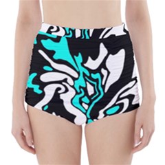 Cyan, Black And White Decor High-waisted Bikini Bottoms