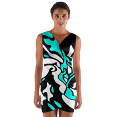 Cyan, Black And White Decor Wrap Front Bodycon Dress