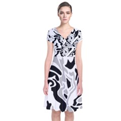 Gray, Black And White Decor Short Sleeve Front Wrap Dress