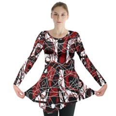 Red Black And White Abstract High Art Long Sleeve Tunic  by Valentinaart