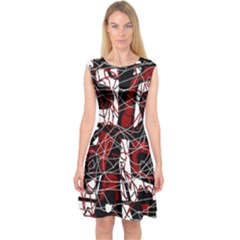 Red Black And White Abstract High Art Capsleeve Midi Dress by Valentinaart