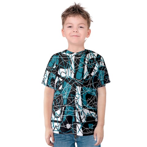 Blue, Black And White Abstract Art Kid s Cotton Tee by Valentinaart