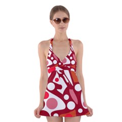 Red And White Decor Halter Swimsuit Dress by Valentinaart