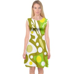 Green And Yellow Decor Capsleeve Midi Dress