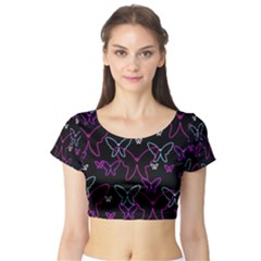 Purple Butterflies Pattern Short Sleeve Crop Top (tight Fit) by Valentinaart