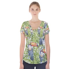 Tropical Print Leaves Birds Toucans Toucan Large Print Short Sleeve Front Detail Top by CraftyLittleNodes