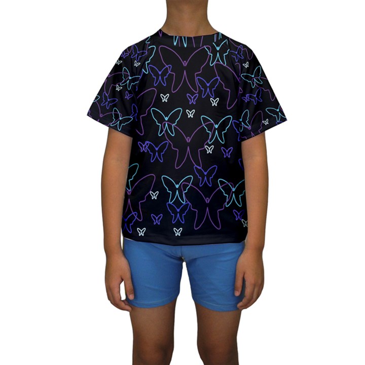 Blue neon butterflies Kid s Short Sleeve Swimwear