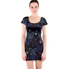 Blue Neon Butterflies Short Sleeve Bodycon Dress by Valentinaart