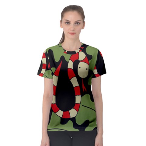 Red Cartoon Snake Women s Sport Mesh Tee by Valentinaart