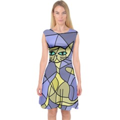 Artistic Cat - Yellow Capsleeve Midi Dress by Valentinaart