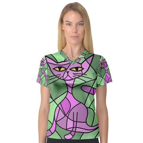 Artistic Cat - Purple Women s V-neck Sport Mesh Tee by Valentinaart