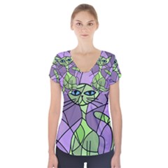 Artistic Cat - Green Short Sleeve Front Detail Top by Valentinaart