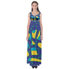 Playful Abstract Art - Blue And Yellow Empire Waist Maxi Dress by Valentinaart