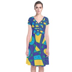 Playful Abstract Art - Blue And Yellow Short Sleeve Front Wrap Dress by Valentinaart