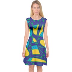 Playful Abstract Art - Blue And Yellow Capsleeve Midi Dress by Valentinaart