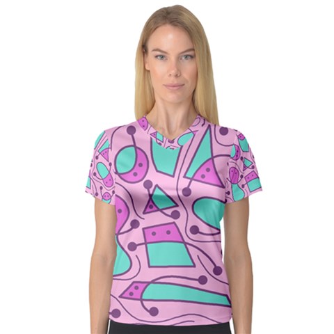 Playful Abstract Art - Pink Women s V-neck Sport Mesh Tee by Valentinaart