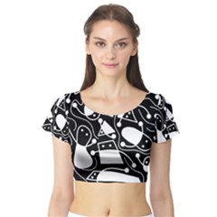 Playful Abstract Art - Black And White Short Sleeve Crop Top (tight Fit) by Valentinaart