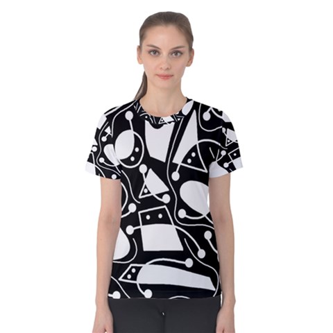 Playful Abstract Art - Black And White Women s Cotton Tee by Valentinaart