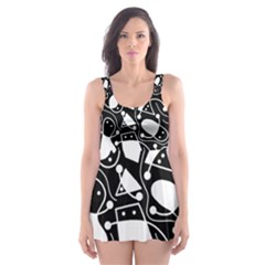 Playful Abstract Art - Black And White Skater Dress Swimsuit by Valentinaart