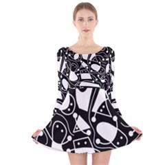 Playful Abstract Art - Black And White Long Sleeve Velvet Skater Dress by Valentinaart