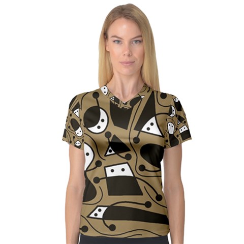 Playful Abstract Art - Brown Women s V-neck Sport Mesh Tee by Valentinaart