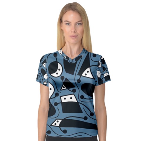 Playful Abstract Art - Blue Women s V-neck Sport Mesh Tee by Valentinaart