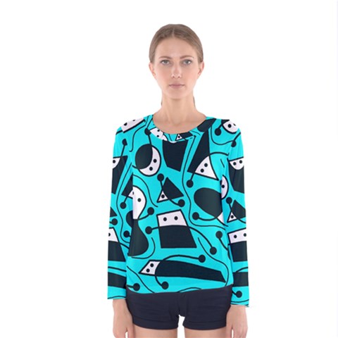 Playful Abstract Art - Cyan Women s Long Sleeve Tee by Valentinaart