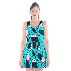 Playful Abstract Art - Cyan Scoop Neck Skater Dress by Valentinaart