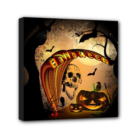 Halloween, Funny Pumpkin With Skull And Spider In The Night Mini Canvas 6  X 6  by FantasyWorld7