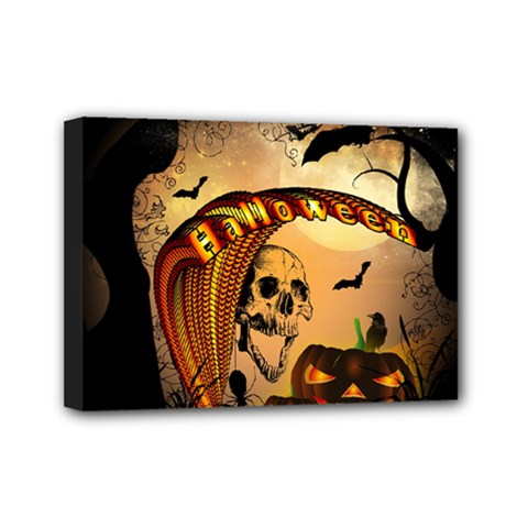 Halloween, Funny Pumpkin With Skull And Spider In The Night Mini Canvas 7  X 5  by FantasyWorld7