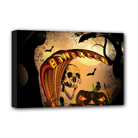 Halloween, Funny Pumpkin With Skull And Spider In The Night Deluxe Canvas 18  X 12   by FantasyWorld7