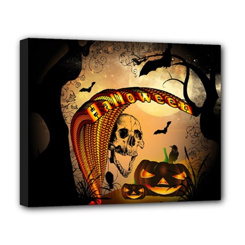 Halloween, Funny Pumpkin With Skull And Spider In The Night Deluxe Canvas 20  X 16   by FantasyWorld7