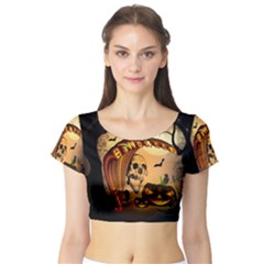 Halloween, Funny Pumpkin With Skull And Spider In The Night Short Sleeve Crop Top (tight Fit) by FantasyWorld7